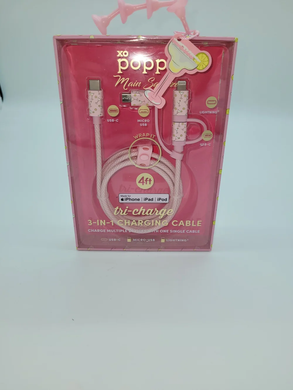 XO Popp Margarita Main Squeeze Pink 3-in-1 Charging Cable - 4ft
